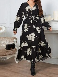 Women's Plus Size Curve Party Dress Wedding Guest Dress Black Dress Long Dress Maxi Dress Black Long Sleeve Flower With Belt Spring Fall Winter V Neck Fashion Winter Dress Evening Party Wedding Guest
