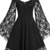 Women‘s Halloween Dress Plus Size Curve Party Dress Black Dress Solid Color Crew Neck Lace Long Sleeve Fall Winter Elegant Knee Length Dress