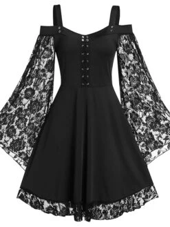 Women‘s Halloween Dress Plus Size Curve Party Dress Black Dress Solid Color Crew Neck Lace Long Sleeve Fall Winter Elegant Knee Length Dress