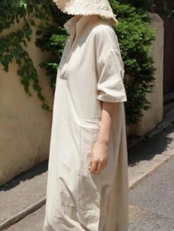 Women's Casual Dress Cotton Linen Dress Swing Dress Maxi Long Dress Cotton Blend Basic Casual Outdoor Daily V Neck Pocket 3/4 Length Sleeve Summer Spring Fall 2023 Loose Fit Blue Green Apricot Plain -HAYz Clothing Shop vvkoag1679554398667