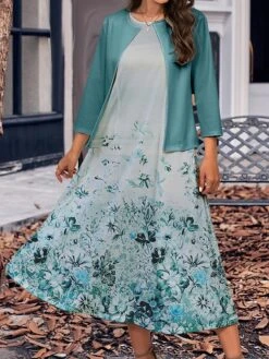 Women's Two Piece Dress Set Casual Dress Swing Dress Outdoor Office Fashion Streetwear Print Midi Dress Crew Neck 3/4 Length Sleeve Floral Regular Fit Navy Blue Royal Blue Blue Fall Winter S M L XL -HAYz Clothing Shop vvpguy1697786024211