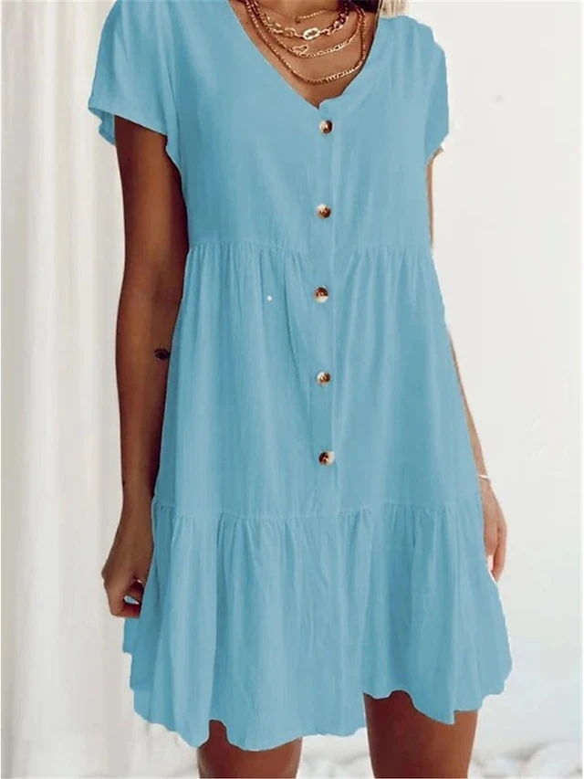 Women's Casual Dress Cotton Linen Dress Swing Dress Mini Dress Cotton Blend Basic Classic Outdoor Daily Vacation V Neck Ruched Button Short Sleeve Summer Spring 2023 Regular Fit White Blue Purple 1 Women's Casual Dress Cotton Linen Dress Swing Dress Mini Dress Cotton Blend Basic Classic Outdoor Daily Vacation V Neck Ruched Button Short Sleeve Summer Spring 2023 Regular Fit White Blue Purple