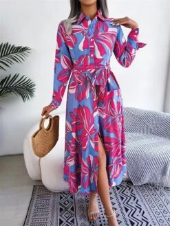 Women's Shirt Dress Casual Dress Midi Dress Outdoor Daily Vacation Polyester Classic Casual Shirt Collar Button Print Long Sleeve Summer Spring Fall 2023 Regular Fit Blue Purple Orange Flower S M L -HAYz Clothing Shop vvywsq1688536832626