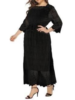 Women‘s Plus Size Curve Prom Dress Party Dress Lace Dress Long Dress Maxi Dress Black 3/4 Length Sleeve Pure Color Lace Summer Spring Fall Square Neck Fashion Winter Dress Birthday Evening -HAYz Clothing Shop vwgubc1691399450600