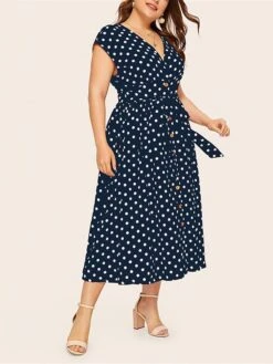 Women‘s Plus Size Curve Flattering Dresses Elegant Apple Shaped Dress Casual Dress A Line Dress Polka Dot Midi Dress Sleeveless Print V Neck Fashion Daily Black White Spring Summer Dress -HAYz Clothing Shop vwkegi1672800414104