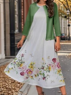 Women's Two Piece Dress Set Casual Dress Swing Dress Outdoor Office Fashion Streetwear Print Midi Dress Crew Neck 3/4 Length Sleeve Floral Regular Fit Pink Green Gray Fall Winter S M L XL XXL