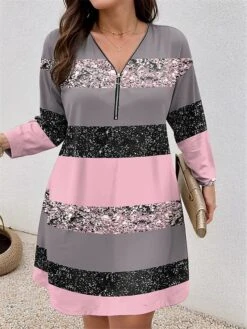 Women's Plus Size Curve Casual Dress Winter Dress Stripe Mini Dress Long Sleeve Print V Neck Fashion Outdoor Pink Blue Fall Winter L XL 2XL 3XL 4XL
