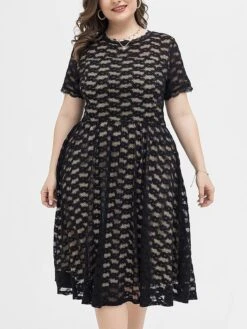 Women‘s Plus Size Curve Party Dress Lace Dress Cocktail Dress Midi Dress Black Short Sleeve Pure Color Lace Summer Spring Fall Crew Neck Fashion Birthday Wedding Guest Vacation 2023 -HAYz Clothing Shop vxezes1691660763408