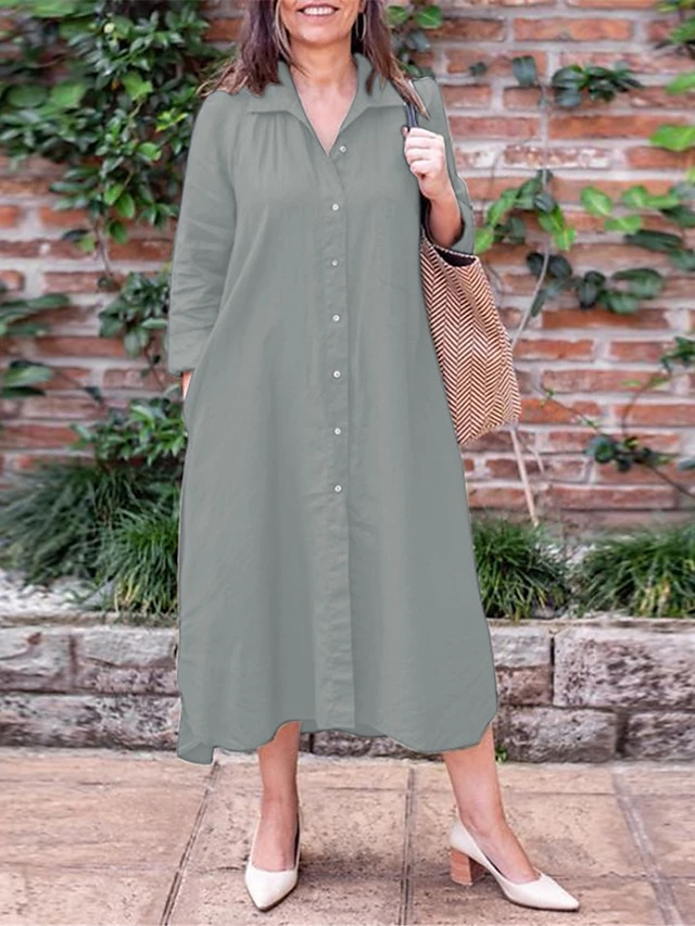 Women's Shirt Dress Casual Dress Cotton Linen Dress Midi Dress Linen / Cotton Blend Basic Classic Outdoor Daily Vacation Shirt Collar Button Pocket Long Sleeve Spring Fall Autumn 2023 Loose Fit Black 2 Women's Shirt Dress Casual Dress Cotton Linen Dress Midi Dress Linen / Cotton Blend Basic Classic Outdoor Daily Vacation Shirt Collar Button Pocket Long Sleeve Spring Fall Autumn 2023 Loose Fit Black - Image 2