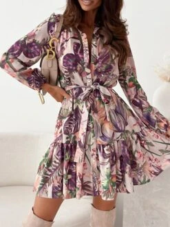 Women's Shirt Dress Casual Dress Swing Dress Mini Dress Outdoor Daily Vacation Polyester Fashion Casual Shirt Collar Lace Up Pocket Long Sleeve Spring Fall Winter 2023 Loose Fit Blue Brown Apricot -HAYz Clothing Shop vyewrv1696846048350