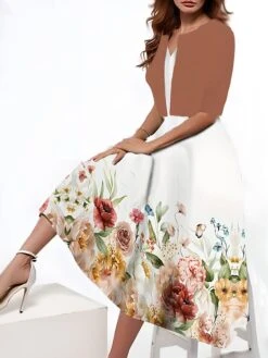 Women's Two Piece Dress Set Casual Dress Tank Dress Outdoor Daily Fashion Streetwear Pocket Print Midi Dress V Neck 3/4 Length Sleeve Floral Regular Fit Blue Purple Brown Summer Spring S M L XL XXL