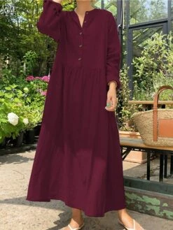 Women's Casual Dress Cotton Linen Dress Swing Dress Maxi Long Dress Linen Basic Classic Outdoor Daily Vacation V Neck Ruched Button Long Sleeve Summer Spring Fall 2023 Loose Fit Black Wine Apricot -HAYz Clothing Shop vymijg1690268467288