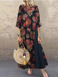 Women's Casual Dress Cotton Dress Black Dress Maxi Long Dress Cotton Blend Basic Modern Outdoor Daily Vacation Crew Neck Print Half Sleeve Summer Spring 2023 Loose Fit Black Yellow Red Flower M L XL