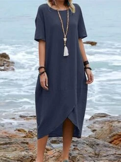 Women's Casual Dress Cotton Linen Dress Midi Dress Linen / Cotton Blend Fashion Modern Outdoor Daily Holiday Crew Neck Irregular Hem High Low Dress Half Sleeve Summer Spring Fall 2023 Loose Fit Navy -HAYz Clothing Shop vzjwqo1691143977983