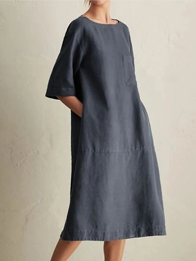Women's Cotton Linen Dress Casual Dress Shift Dress Maxi Long Dress Cotton Blend Casual Daily Holiday Vacation Crew Neck Pocket Contrast Stitching Half Sleeve Summer Spring 2023 Loose Fit Black Wine 5 Women's Cotton Linen Dress Casual Dress Shift Dress Maxi Long Dress Cotton Blend Casual Daily Holiday Vacation Crew Neck Pocket Contrast Stitching Half Sleeve Summer Spring 2023 Loose Fit Black Wine - Image 5