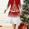 Women's Christmas Plus Size Curve Casual Dress Skater Dress A Line Dress Christmas Tree Snowflake Midi Dress Long Sleeve Print Crew Neck Fashion Outdoor Yellow Wine Fall Winter L XL XXL 3XL 4XL