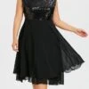 Women‘s Plus Size Curve Party Dress Sequin Dress Homecoming Dress Solid Color Midi Dress Short Sleeve Mesh Patchwork Crew Neck Classic Party Black White Spring Summer XL 3XL 4XL 5XL