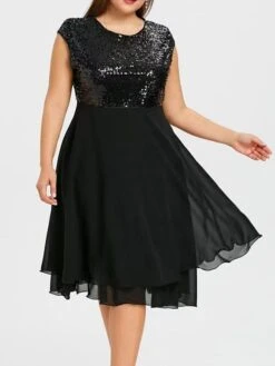 Women‘s Plus Size Curve Party Dress Sequin Dress Homecoming Dress Solid Color Midi Dress Short Sleeve Mesh Patchwork Crew Neck Classic Party Black White Spring Summer XL 3XL 4XL 5XL
