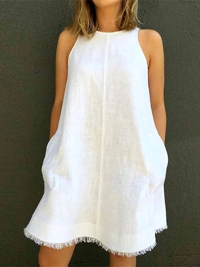 Women's Casual Dress Cotton Linen Dress White Dress Mini Dress Cotton Blend Casual Outdoor Daily Vacation Crew Neck Pocket Sleeveless Summer Spring 2023 Loose Fit Black White Yellow Pure Color S M L 2 Women's Casual Dress Cotton Linen Dress White Dress Mini Dress Cotton Blend Casual Outdoor Daily Vacation Crew Neck Pocket Sleeveless Summer Spring 2023 Loose Fit Black White Yellow Pure Color S M L - Image 2