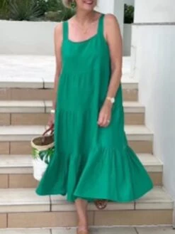Women's Casual Dress Cotton Linen Dress Swing Dress Midi Dress Cotton Blend Fashion Modern Outdoor Daily Holiday Square Neck Ruffle Sleeveless Summer Spring 2023 Loose Fit White Green Plain S M L XL -HAYz Clothing Shop vzzexk1686303996573