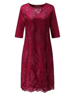 Women‘s Plus Size Curve Apple Shaped Dress Wedding Guest Lace Dress Work Dress Sheath Dress Floral Midi Dress Sleeve Lace Crew Neck Elegant Office Red Sky Blue Spring Summer Dress -HAYz Clothing Shop wagjcq1673503409739