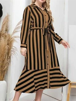 Women's Plus Size Shirt Dress Casual Dress Swing Dress Midi Dress Outdoor Daily Date Polyester Fashion Modern Shirt Collar Lace Up Button Long Sleeve Fall Winter 2023 Loose Fit Brown Striped L XL 2XL -HAYz Clothing Shop wbbppd1693451926933