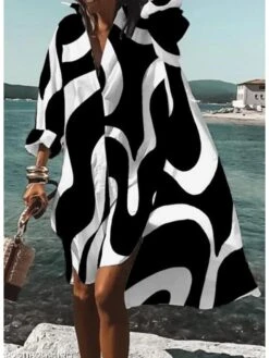 Women's Shirt Dress Casual Dress Shift Dress Midi Dress Daily Vacation Going Out Polyester Classic Casual Shirt Collar Rolled Cuff High Low Dress Long Sleeve Summer Spring Fall 2023 Loose Fit Black