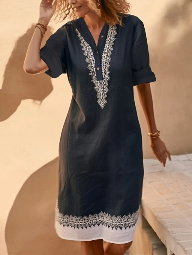 Women's Shirt Dress Casual Dress Cotton Linen Dress Midi Dress Polyester Fashion Casual Daily Outdoor Daily Vacation Shirt Collar Button Print 3/4 Length Sleeve Spring Fall Autumn 2023 Loose Fit Black 3 Women's Shirt Dress Casual Dress Cotton Linen Dress Midi Dress Polyester Fashion Casual Daily Outdoor Daily Vacation Shirt Collar Button Print 3/4 Length Sleeve Spring Fall Autumn 2023 Loose Fit Black - Image 3