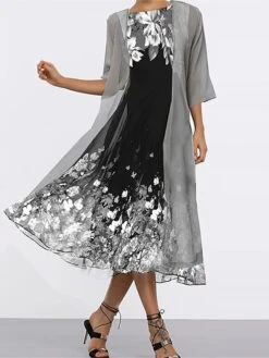 Women's Two Piece Dress Set Casual Dress Swing Dress Daily Date Streetwear Modern Print Midi Dress Crew Neck Half Sleeve Floral Loose Fit Purple Gray Spring Fall M L XL XXL 3XL -HAYz Clothing Shop wbftmc1691043048659