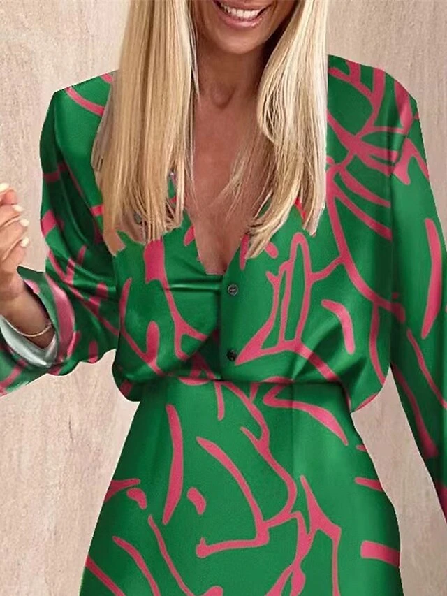 Women's Two Piece Dress Set Casual Dress Skirt Set Daily Going Out Streetwear Casual Button Print Mini Dress Shirt Collar Long Sleeve Geometric Color Block Loose Fit Green Khaki Fall Winter S M L XL 2 Women's Two Piece Dress Set Casual Dress Skirt Set Daily Going Out Streetwear Casual Button Print Mini Dress Shirt Collar Long Sleeve Geometric Color Block Loose Fit Green Khaki Fall Winter S M L XL - Image 2