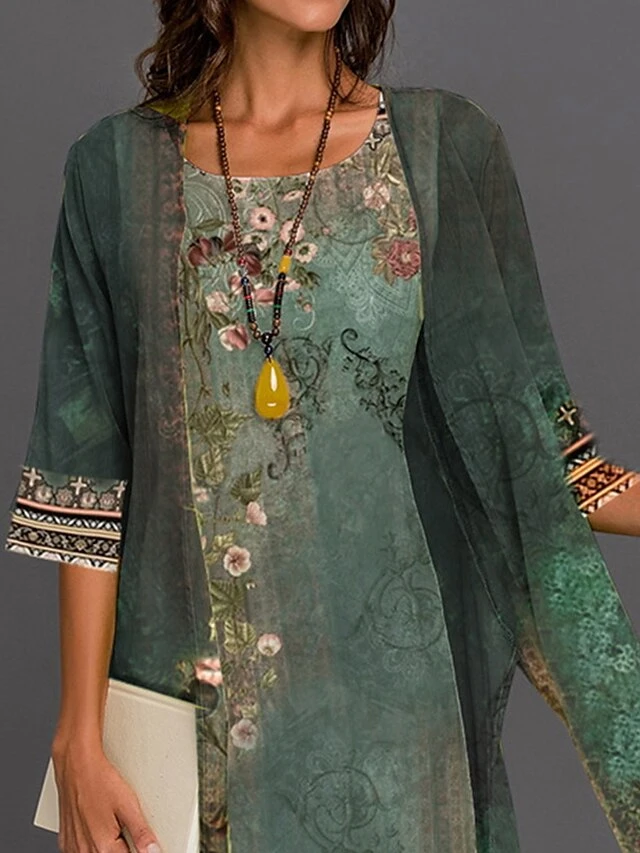 Women's Two Piece Dress Set Print Dress Outdoor Holiday Streetwear Casual Print Midi Dress Crew Neck 3/4 Length Sleeve Floral Regular Fit Blue Purple Green Summer Spring S M L XL XXL 3 Women's Two Piece Dress Set Print Dress Outdoor Holiday Streetwear Casual Print Midi Dress Crew Neck 3/4 Length Sleeve Floral Regular Fit Blue Purple Green Summer Spring S M L XL XXL - Image 3