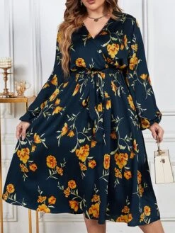Women's Plus Size Party Dress Wedding Guest Dress Empire Waist Dresses Midi Dress Dark Blue Long Sleeve Flower With Belt Spring Fall Winter V Neck Fashion Winter Dress Evening Party Wedding Guest 2023 -HAYz Clothing Shop wceaek1693535297382