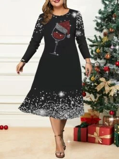 Women's Christmas Plus Size Curve Casual Dress Skater Dress A Line Dress Graphic Snowflake Midi Dress Long Sleeve Print Crew Neck Fashion Outdoor Black Wine Fall Winter L XL XXL 3XL 4XL