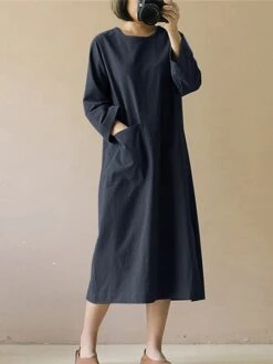 Women's Casual Dress Cotton Linen Dress Midi Dress Cotton Blend Basic Casual Outdoor Daily Vacation Crew Neck Pocket Long Sleeve Summer Spring Fall 2023 Loose Fit Black Wine Navy Blue Plain S M L XL -HAYz Clothing Shop wciegv1673848808799