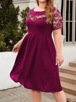 Women's Plus Size Curve Party Dress Lace Dress Semi Formal Dress Solid Color Midi Dress Short Sleeve Lace Crew Neck Fashion Party ArmyGreen Black Fall Winter XL XXL 3XL 4XL -HAYz Clothing Shop wckqtt1695813616475
