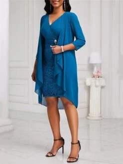 Women's Two Piece Dress Set Party Dress Lace Dress Party Wedding Guest Fashion Elegant Lace Patchwork Midi Dress V Neck 3/4 Length Sleeve Plain Regular Fit Blue Fall Winter S M L XL XXL -HAYz Clothing Shop wclmsv1696604828416