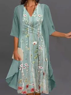 Women's Two Piece Dress Set Casual Dress Print Dress Outdoor Daily Fashion Streetwear Knot Front Print Midi Dress V Neck Half Sleeve Floral Regular Fit Green Summer Spring S M L XL XXL
