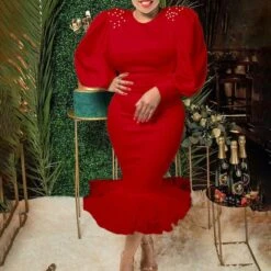 Women‘s Plus Size Curve Party Dress Solid Color Crew Neck Mesh Puff Sleeve Long Sleeve Fall Winter Prom Dress Midi Dress Party Dress -HAYz Clothing Shop wcotcm1649817920386