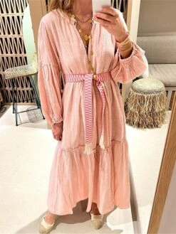 Women's Casual Dress Cotton Linen Dress Swing Dress Maxi Long Dress Cotton Blend Basic Casual Outdoor Daily Vacation V Neck Pocket Cut Out Long Sleeve Summer Spring Fall 2023 Regular Fit Pink Plain S -HAYz Clothing Shop wcuwtc1685073635085