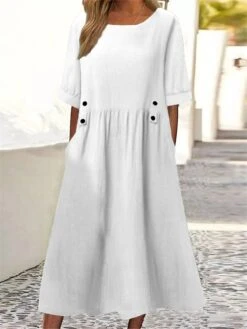 Women's Cotton Linen Dress Casual Dress Midi Dress Cotton Blend Basic Casual Outdoor Daily Vacation Crew Neck Ruched Button Short Sleeve Summer Spring 2023 Loose Fit White Purple Green Plain M L XL -HAYz Clothing Shop wcvvzs1679561822623