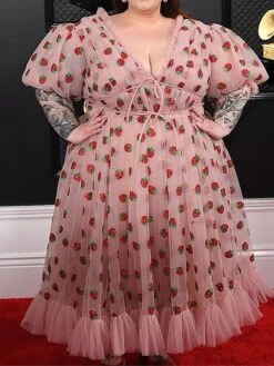 Women‘s Plus Size Curve Party Dress Swing Dress A Line Dress Strawberry Long Dress Maxi Dress Half Sleeve Mesh Patchwork V Neck Fashion Party Pink Spring Summer L XL XXL 3XL 4XL