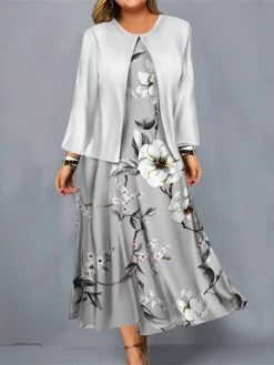 Women's Plus Size Curve Casual Dress Dress Set Two Piece Dress Floral Midi Dress Long Sleeve Print Crew Neck Mature Outdoor Pink Light Blue Fall Winter L XL XXL 3XL 4XL -HAYz Clothing Shop wdiqtg1695096067170