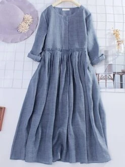 Women's Casual Dress Cotton Linen Dress Midi Dress Linen / Cotton Blend Basic Classic Outdoor Daily Vacation Crew Neck Ruched 3/4 Length Sleeve Fall Autumn 2023 Loose Fit Yellow Blue Plain M L XL 2XL -HAYz Clothing Shop wdjywz1693226284840