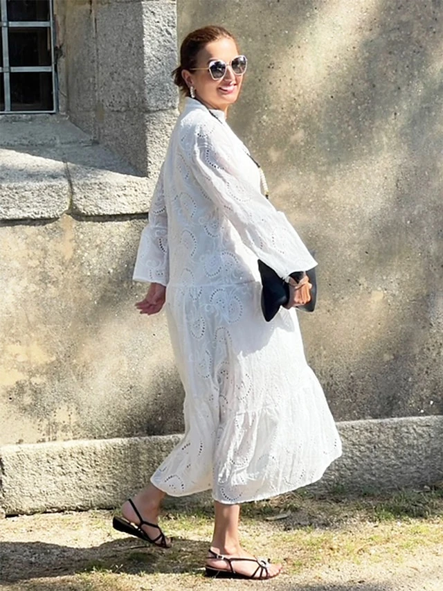 Women's Shirt Dress Casual Dress Swing Dress Maxi Long Dress Outdoor Daily Vacation Cotton Fashion Modern Split Neck Lace Button 3/4 Length Sleeve Summer Spring Fall 2023 Loose Fit White Yellow Red 2 Women's Shirt Dress Casual Dress Swing Dress Maxi Long Dress Outdoor Daily Vacation Cotton Fashion Modern Split Neck Lace Button 3/4 Length Sleeve Summer Spring Fall 2023 Loose Fit White Yellow Red - Image 2