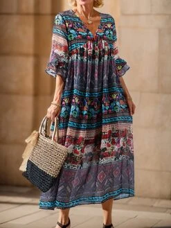 Women's Casual Dress Cotton Linen Dress Swing Dress Midi Dress Linen / Cotton Blend Fashion Classic Outdoor Daily Holiday V Neck Ruched Ruffle 3/4 Length Sleeve Fall Winter Autumn 2023 Loose Fit Blue