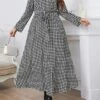 Women's Plus Size Party Dress Wedding Guest Dress Tunic Dress Long Dress Maxi Dress Black Long Sleeve Plaid With Belt Spring Fall Winter V Neck Fashion Winter Dress Evening Party Wedding Guest 2023