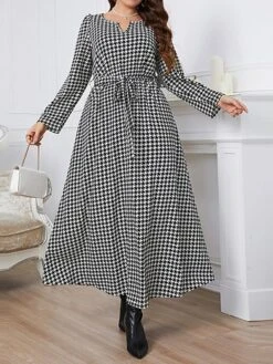 Women's Plus Size Party Dress Wedding Guest Dress Tunic Dress Long Dress Maxi Dress Black Long Sleeve Plaid With Belt Spring Fall Winter V Neck Fashion Winter Dress Evening Party Wedding Guest 2023