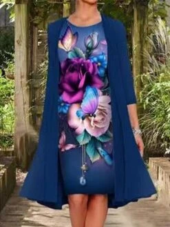 Women's Two Piece Dress Set Shift Dress Chiffon Dress Daily Going Out Casual Print Midi Dress Crew Neck 3/4 Length Sleeve Floral Regular Fit Navy Blue Light Purple Purple Summer Spring M L XL XXL XXXL -HAYz Clothing Shop wezyja1672827938444