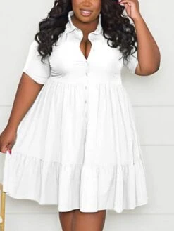 Women‘s Plus Size Curve Shirt Dress Solid Color Shirt Collar Ruffle Half Sleeve Spring Summer Casual Knee Length Dress Daily Holiday Dress -HAYz Clothing Shop wfamgr1656491040361