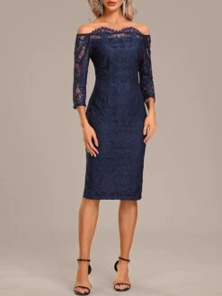 Women's Two Piece Dress Set Party Dress Lace Dress Party Outdoor Fashion Streetwear Lace Midi Dress Off Shoulder Long Sleeve Plain Regular Fit Navy Blue Fall Winter S M L XL XXL -HAYz Clothing Shop wffebb1697450717043